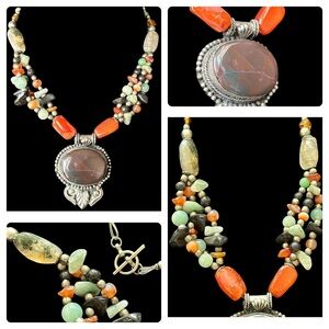 Vintage Silver Gemstone Toggle Necklace - Ethnic Agate Jasper